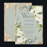 Sage Green Gold Rustic Floral Wedding Invitation Kaart<br><div class="desc">Prachtige witte florale spray van hydrangea en rozen met groene,  eucalyptus en  goudaccenten. Mooie groene achtergrond. Dit is zo'n mooie uitnodiging. Prachtig en perfect voor elk seizoen en je speciale evenement.</div>