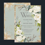 Sage Green Gold Rustic Floral Wedding Invitation Kaart<br><div class="desc">Prachtige witte florale spray van hydrangea en rozen met groene,  eucalyptus en  goudaccenten. Mooie groene achtergrond. Dit is zo'n mooie uitnodiging. Prachtig en perfect voor elk seizoen en je speciale evenement.</div>