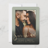 Sage Green Gold Script en marble Photo Overlay Save The Date (Voorkant)
