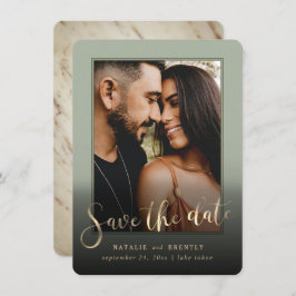 Sage Green Gold Script en marble Photo Overlay Save The Date