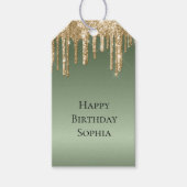 Sage Green Gold Sparkle Glitter Drips Verjaardag Cadeaulabel (Voorkant)