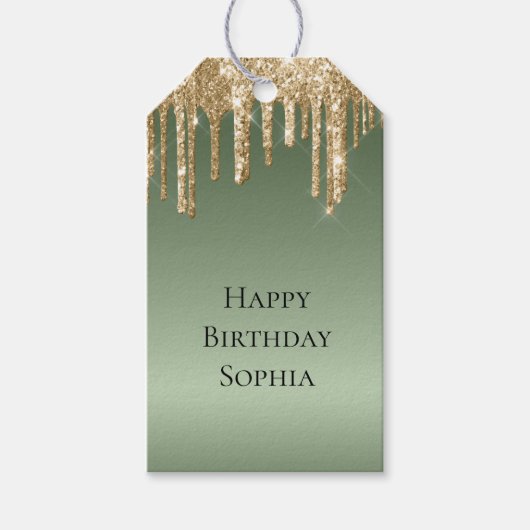 Sage Green Gold Sparkle Glitter Drips Verjaardag Cadeaulabel (Voorkant)