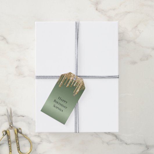 Sage Green Gold Sparkle Glitter Drips Verjaardag Cadeaulabel (Met Touw)