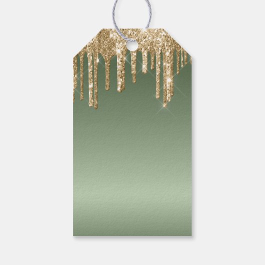 Sage Green Gold Sparkle Glitter Drips Verjaardag Cadeaulabel (Achterkant)