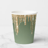 Sage Green Gold Sparkle Glitter Drips Verjaardag Papieren Bekers (Achterkant)