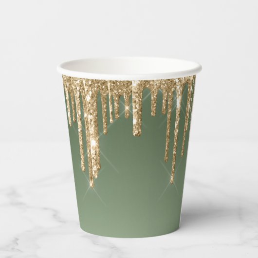 Sage Green Gold Sparkle Glitter Drips Verjaardag Papieren Bekers (Achterkant)