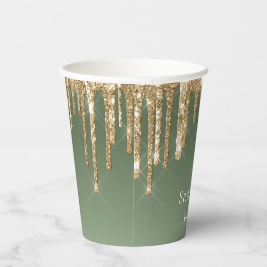 Sage Green Gold Sparkle Glitter Drips Verjaardag Papieren Bekers (Rechts)