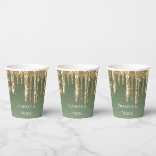 Sage Green Gold Sparkle Glitter Drips Verjaardag Papieren Bekers