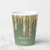 Sage Green Gold Sparkle Glitter Drips Verjaardag Papieren Bekers (Voorkant)