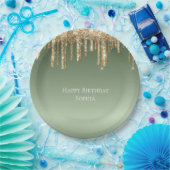 Sage Green Gold Sparkle Glitter Drips Verjaardag Papieren Bordje (Feest)