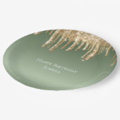Sage Green Gold Sparkle Glitter Drips Verjaardag Papieren Bordje (Gekanteld)