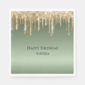 Sage Green Gold Sparkle Glitter Drips Verjaardag Servet (Voorkant)