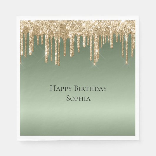 Sage Green Gold Sparkle Glitter Drips Verjaardag Servet (Voorkant)