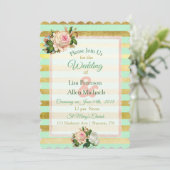Sage Green Gold Striped Floral Wedding Invitation Kaart (Staand voorkant)