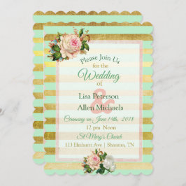 Sage Green Gold Striped Floral Wedding Invitation Kaart