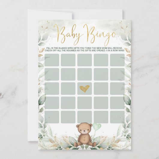 Sage Green Gold Teddy Bear Bingo Baby shower Game Kaart (Voorkant)