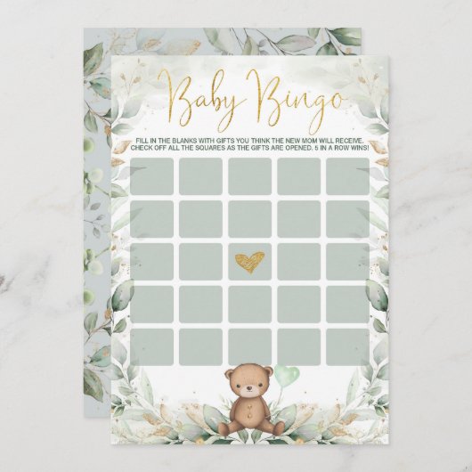 Sage Green Gold Teddy Bear Bingo Baby shower Game Kaart (Voorkant / Achterkant)