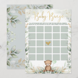 Sage Green Gold Teddy Bear Bingo Baby shower Game Kaart
