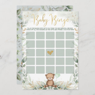 Sage Green Gold Teddy Bear Bingo Baby shower Game Kaart