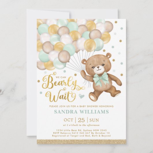 Sage Green Gold Teddy Bear Neutral Baby shower Kaart (Voorkant)