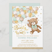 Sage Green Gold Teddy Bear Neutral Baby shower Kaart (Voorkant / Achterkant)