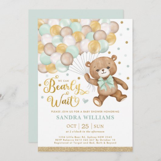 Sage Green Gold Teddy Bear Neutral Baby shower Kaart (Voorkant / Achterkant)