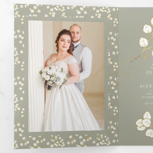 Sage Green Gold Trifold Letter Fold Uitnodiging (Binnenzijde eerst)