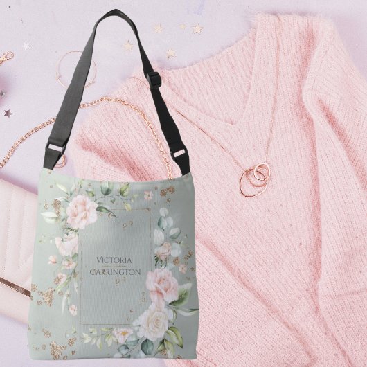 Sage Green Gold Waterverf Floral - Aangepast Crossbody Tas