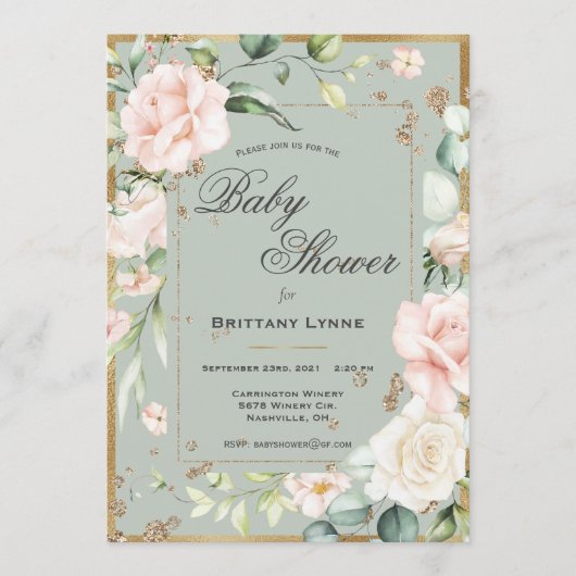 Sage Green Gold Waterverf Floral Baby shower Kaart (Voorkant)