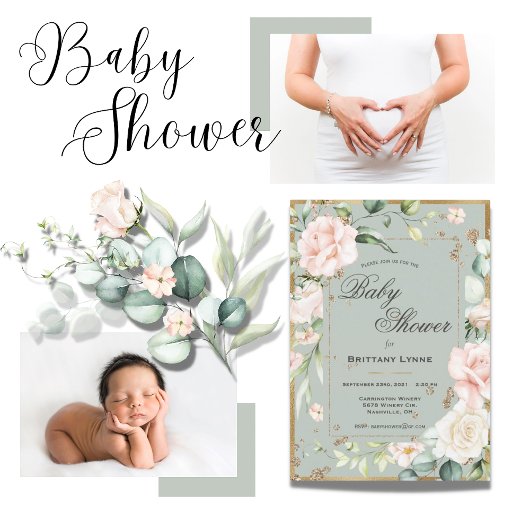Sage Green Gold Waterverf Floral Baby shower Kaart