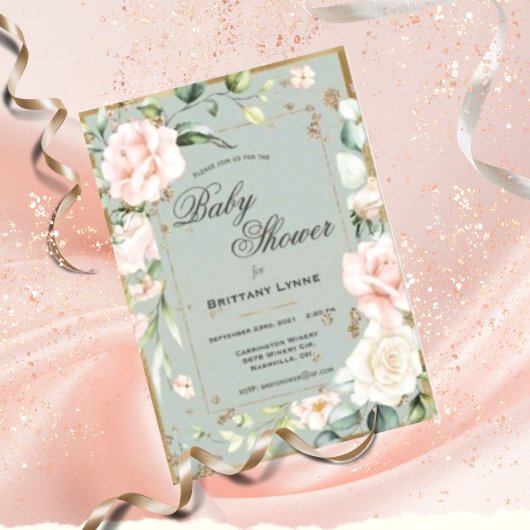 Sage Green Gold Waterverf Floral Baby shower Kaart