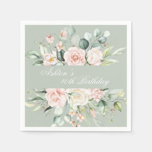 Sage Green Gold Waterverf Floral Botanical Party Servet (Voorkant)