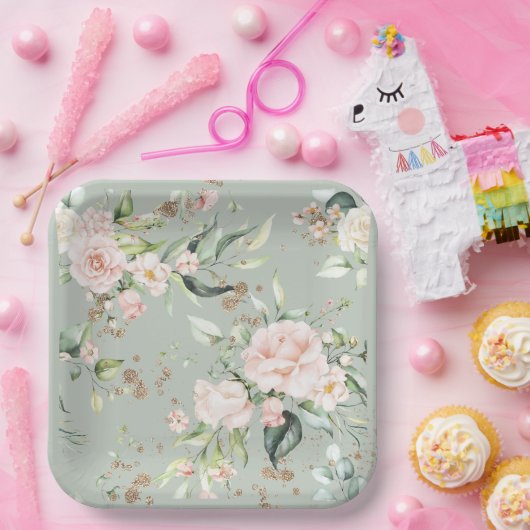 Sage Green Gold Waterverf Floral botanisch Papieren Bordje (Feest)