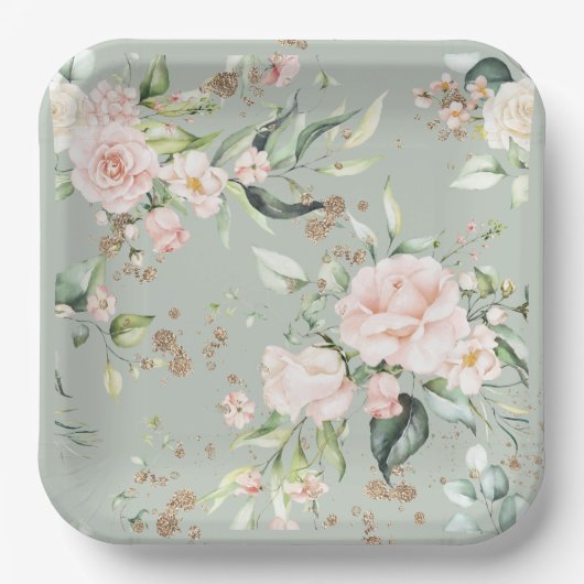 Sage Green Gold Waterverf Floral botanisch Papieren Bordje (Voorkant)