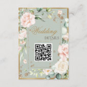 Sage Green Gold Waterverf QR Code Floral Wedding Informatiekaartje (Voorkant)