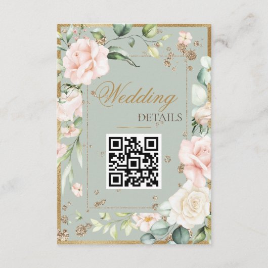 Sage Green Gold Waterverf QR Code Floral Wedding Informatiekaartje (Voorkant)