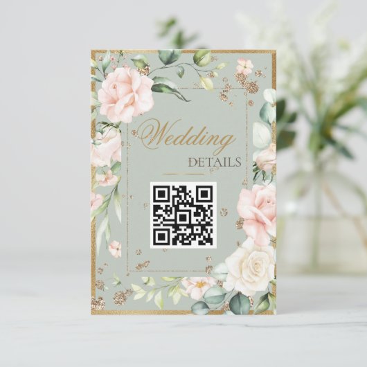 Sage Green Gold Waterverf QR Code Floral Wedding Informatiekaartje (Staand voorkant)