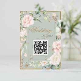 Sage Green Gold Waterverf QR Code Floral Wedding Informatiekaartje