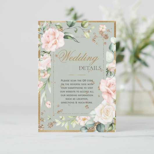 Sage Green Gold Waterverf QR Code Weddenschap Informatiekaartje (Staand voorkant)
