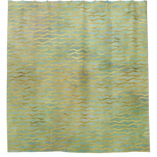 Sage Green & Gold Waterverf Wave Stripes Douchegordijn (Voorkant)
