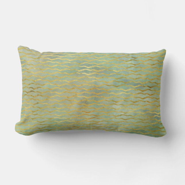 Sage Green & Gold Waterverf Wave Stripes Kussen (Voorkant)