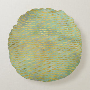 Sage Green & Gold Waterverf Wave Stripes Rond Kussen