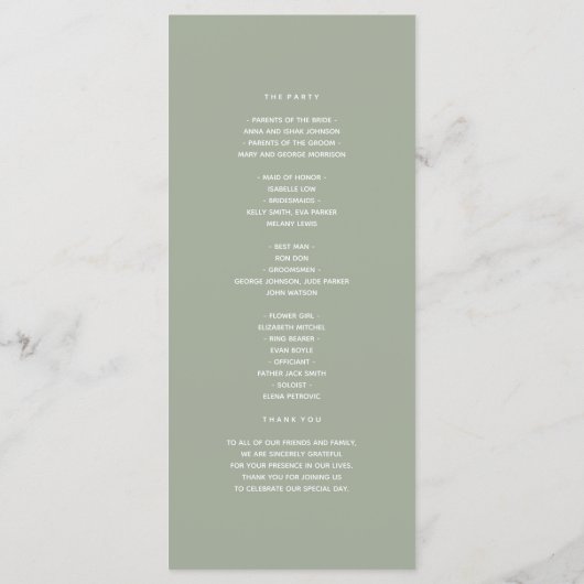 Sage Green Gold Wedding Ceremony Programmakaart (Achterkant)
