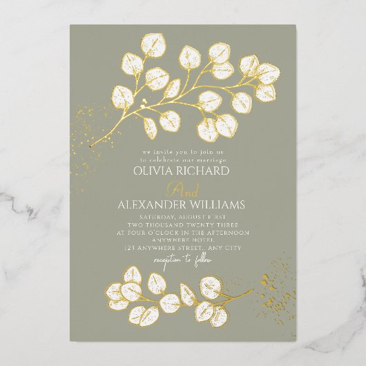 Sage Green Gold Wedding Echte Folie Uitnodiging (Voorkant)