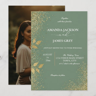 Sage Green & Gold Wedding Invitation Kaart