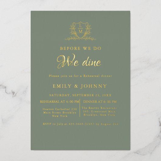 Sage Green & gold Wedding Rehearsal dinner Folie Uitnodiging (Voorkant)