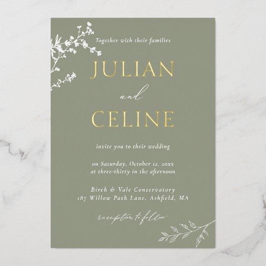 Sage Green Gold Whimsical White Greenery Wedding Folie Uitnodiging (Voorkant)
