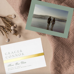 Sage Green Golden Stripe Foto Sla de datum op Folie Uitnodiging