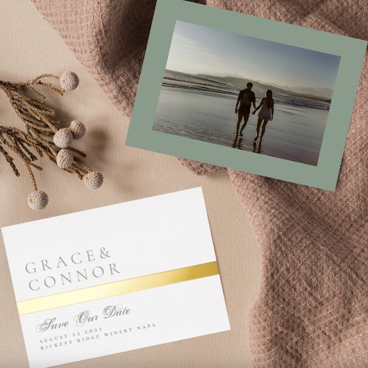 Sage Green Golden Stripe Foto Sla de datum op Folie Uitnodiging