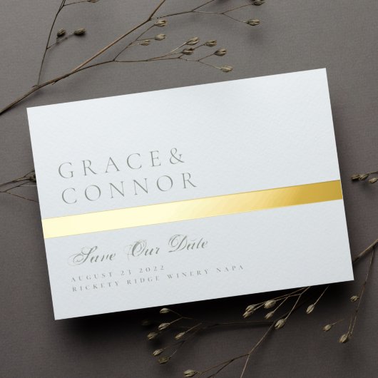 Sage Green Golden Stripe Foto Sla de datum op Folie Uitnodiging